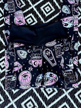 Black Widow Yoga Black Leggings with Pink and Light Blue Mystic Print